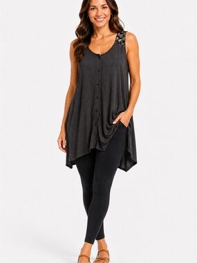 Sleeveless Dark Gray Button-Front Tunic Top